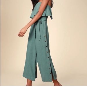 Lulu’s Lanah Sage Green Strapless Jumpsuit Linen Blend Women’s Size Small